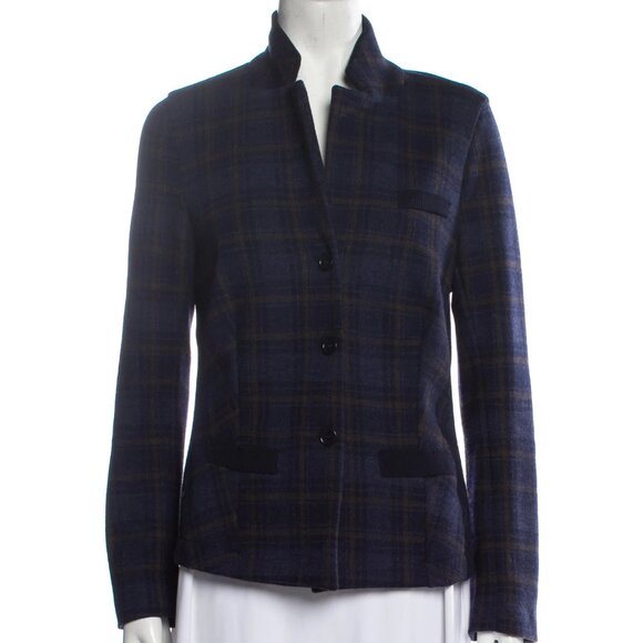 Rani Arabella Wool Cashmere Blend Blue Plaid Print Blazer Size M - Picture 1 of 7